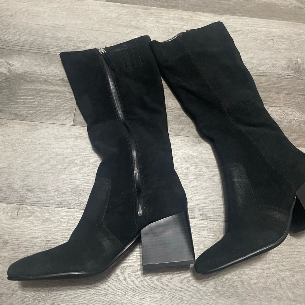 AQUA COLLEGE Womens Black Tori Stacked Heel Boots waterproof suede upper 9.5 M